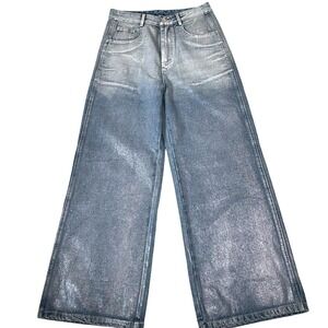 Rich Radi Q's Metallic Coated Wide Leg Cropped Jeans Womens Medium Silver Denim